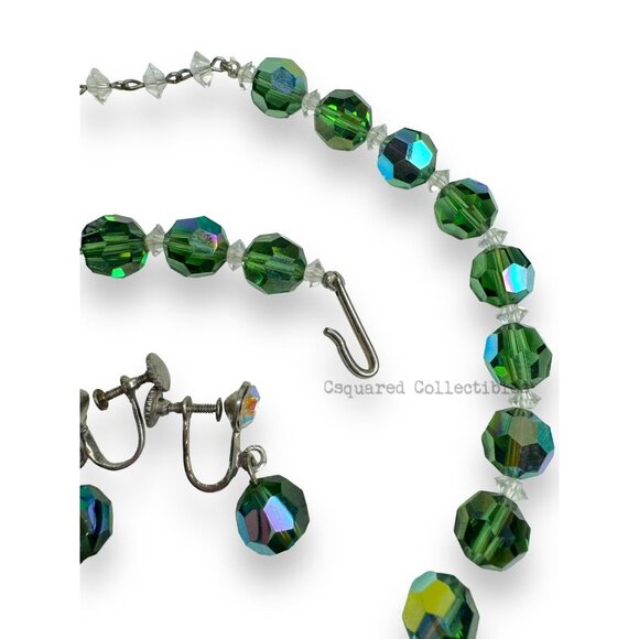 Green Aurora Borealis Crystal Screwback Earring Necklace 12"-15" Hook Clasp Set - Picture 5 of 6